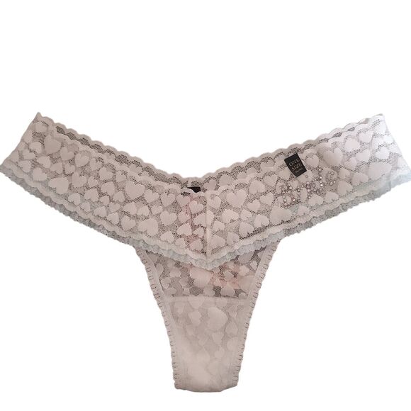 Victoria's Secret BRIDE Panty Thong NWT Satin Bows Bling Lace OSFA Hearts White - Picture 1 of 9